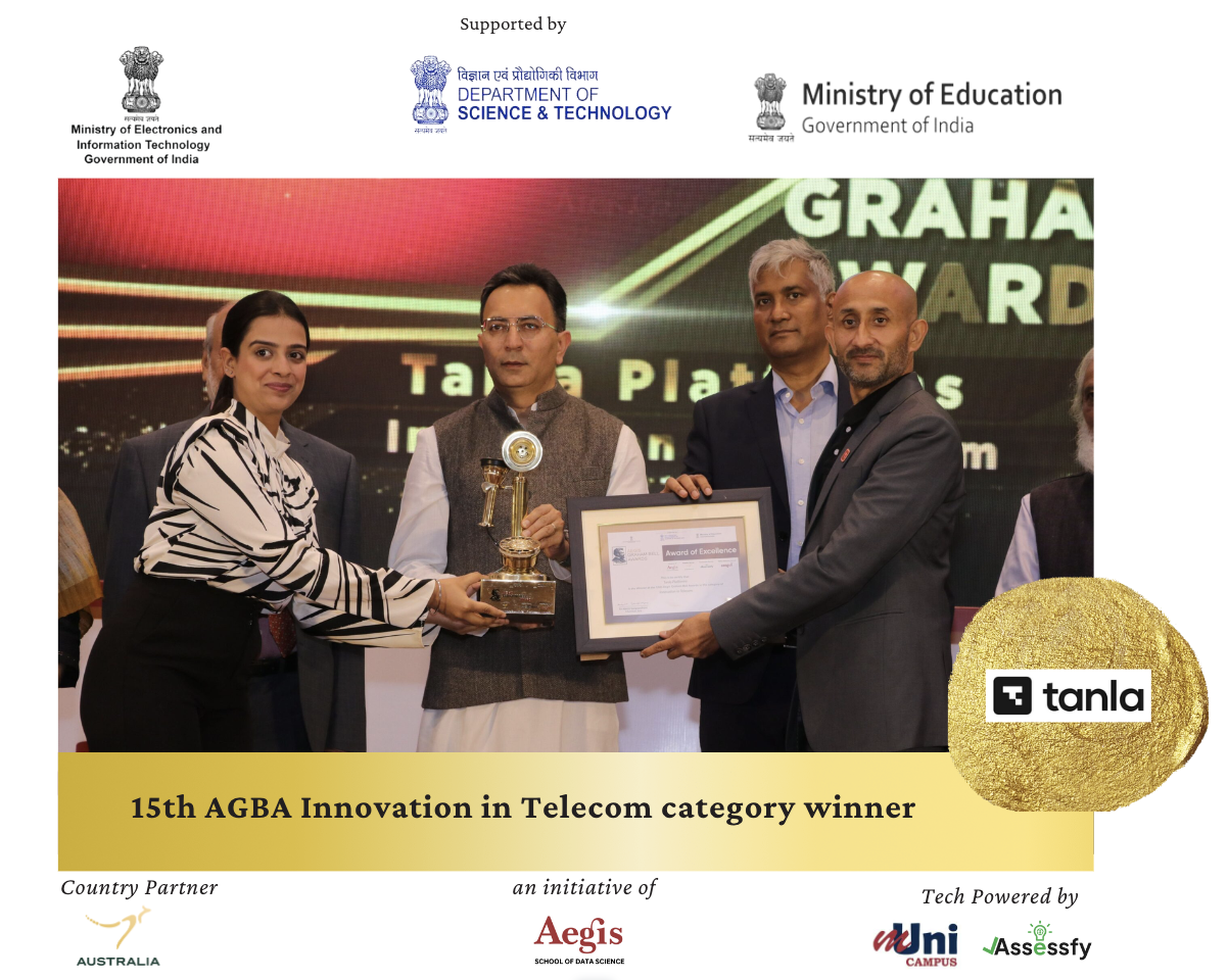 Tanla receiving the Aegis Graham Bell Award for Innovation in Telecom from Hon’ble Minister Shri Jitin Prasada, Minister of State for MeitY and Commerce.